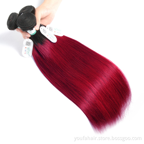 Free Sample Brazilian Human Hair Ombre Color 1b/burg Wine Red Burgundy Hair Bundles Virgin Raw Cuticle Aligned Hair with Closure